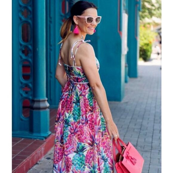 J.CREW Ratti Multicolor Painted Pineapple Summer Spaghetti Strap Midi Dress - Picture 14 of 16